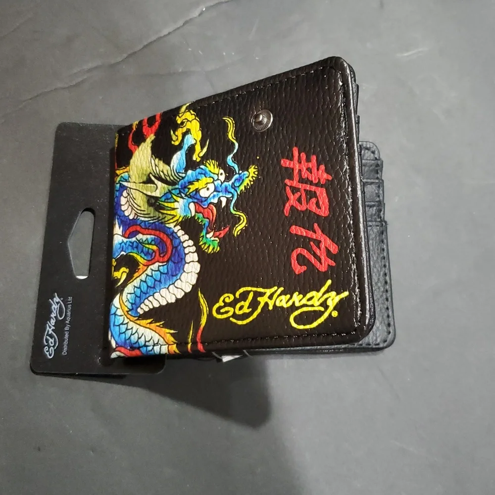 Ed Hardy men's black bifold‎ wallet with blue iconic Ed hardy dragon tatoo new
